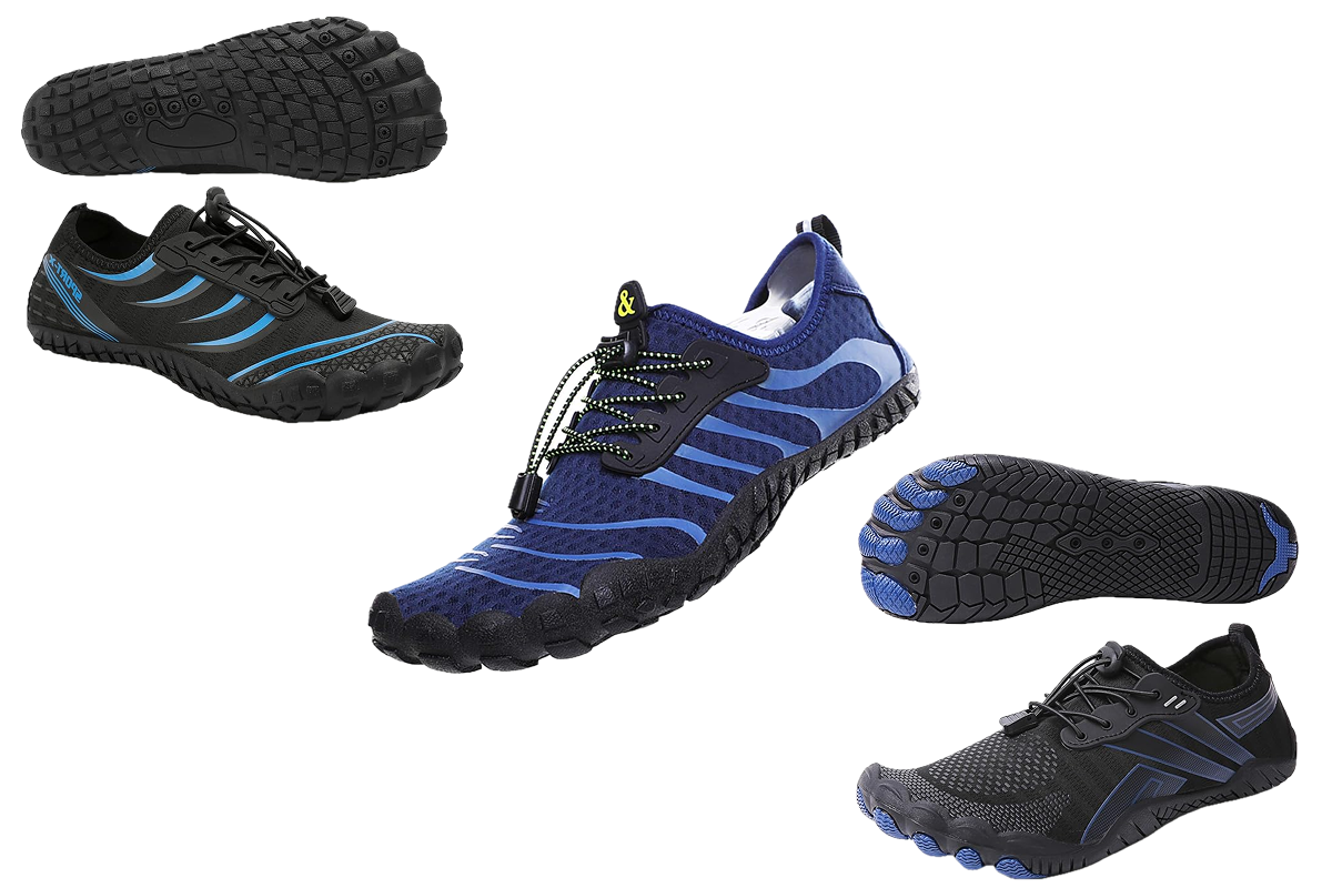 Three pair of blue and black water shoes.